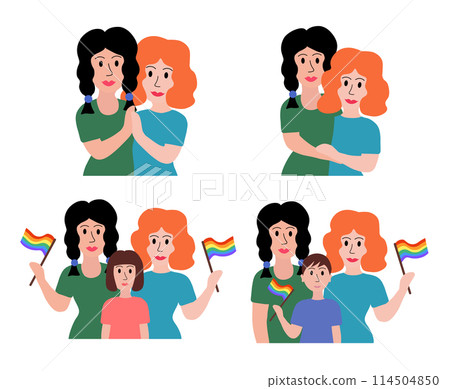 LGBT concept. Lesbian married couple. Women adopted boy or girl. Holding multicolored flag Pride Parade and hugging. Vector illustration in flat style. LGBT concept. Lesbian married couple. Women adopted boy or girl. Holding multicolored flag Pride Parade and hugging. Vector illustration in flat style. 114504850
