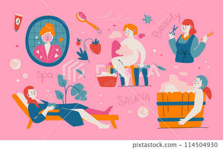 Spa, sauna and beauty treatments - modern colored vector illustration set 114504930