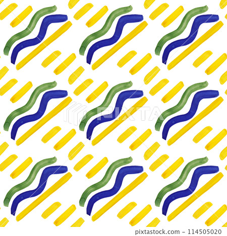 Flat basic retro banner. Gouache drawing. Wave stripe of blue, green and yellow. Abstract geometric ornament. Seamless pattern of brush stripes Flat basic retro banner. Gouache drawing. Wave stripe of blue, green and yellow. Abstract geometric ornament. Seamless pattern of brush stripes 114505020
