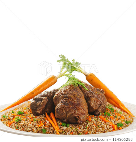 Uyghur polo tender lamb carrots onions cumin rice vibrant colors steaming Culinary and Food concept 114505293