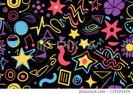 Fun shapes children seamless pattern. Flower geometric neon bright color funky groovy 90s cartoon isolated print pattern. Vector illustration on black background 114505439