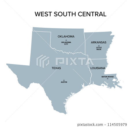 West South Central states, gray political map. United States Census division of the South region, consisting of the states Arkansas, Louisiana, Oklahoma, and Texas. Illustration. Vector West South Central states, gray political map. United States Census division of the South region, consisting of the states Arkansas, Louisiana, Oklahoma, and Texas. Illustration. Vector 114505979