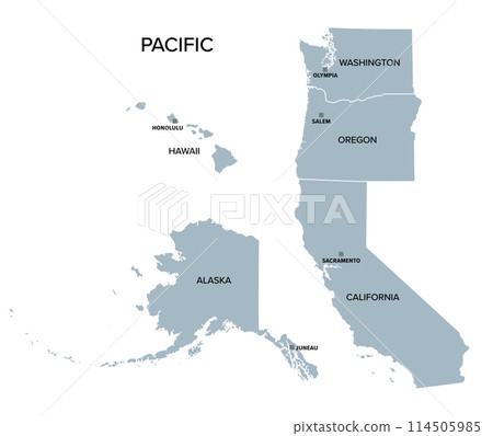 Pacific states, the West Coast of the United States, gray political map. United States Census division of the West region, consisting of the states Alaska, California, Hawaii, Oregon, and Washington. Pacific states, the West Coast of the United States, gray political map. United States Census division of the West region, consisting of the states Alaska, California, Hawaii, Oregon, and Washington. 114505985