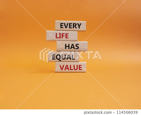 Equality symbol. Wooden blocks with words Every Life has Equal Value. Beautiful orange background. Equality and life concept. Copy space. 114506039