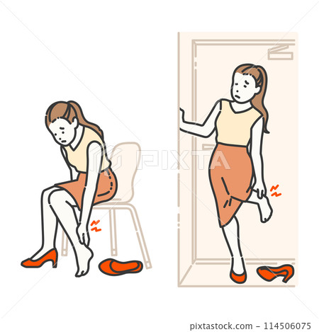 Illustration of a woman wearing high heels and feeling leg fatigue 114506075