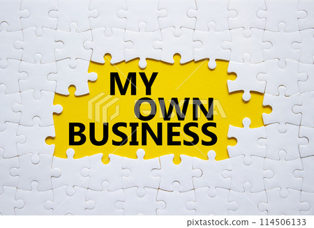 My own Business symbol. Concept words My own Business on white puzzle. Beautiful yellow background Business and My own Business concept. Copy space. My own Business symbol. Concept words My own Business on white puzzle. Beautiful yellow background Business and My own Business concept. Copy space. 114506133