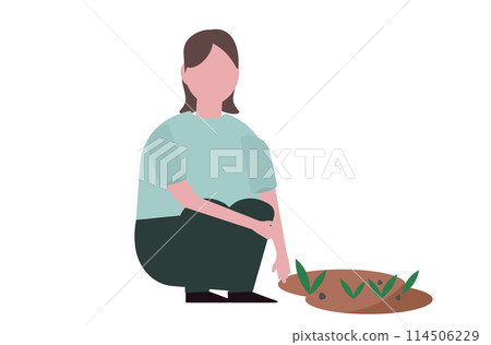 一個女人在拔草。除草,雜草。向量 一個女人在拔草。除草,雜草。向量 114506229