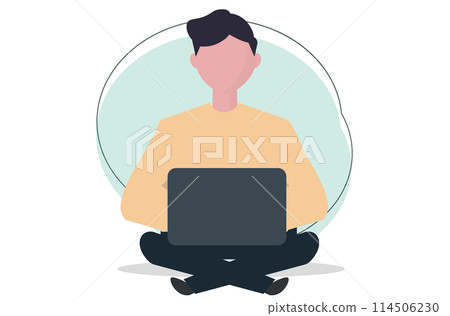一名男子盤腿坐著擺弄智慧型手機。向量圖 114506230
