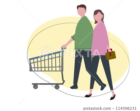 Family pushing a shopping cart and shopping. Couple enjoying shopping. Vector illustration Family pushing a shopping cart and shopping. Couple enjoying shopping. Vector illustration 114506231