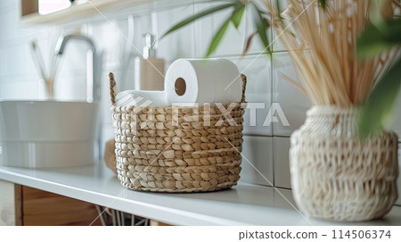 Toilet paper rolls in the basket on the table in restroom 114506374