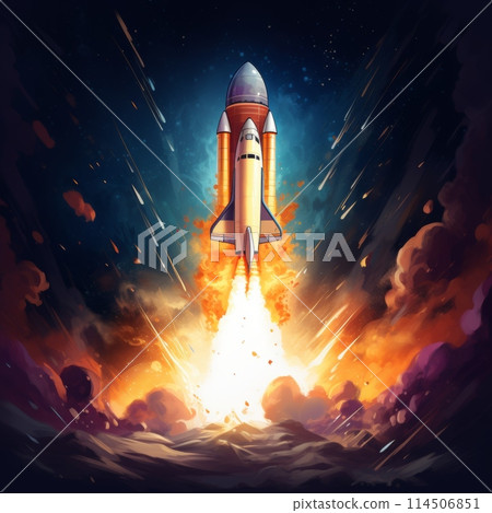 Flying Spaceship Blasts Flames and Smoke on a Take-Off. 114506851
