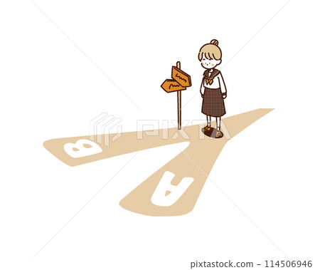 Illustration of a student girl standing at a crossroads Illustration of a student girl standing at a crossroads 114506946