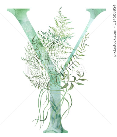 Green letter Y with Watercolor whimsical tender leaves isolated illustration, wedding element 114506954