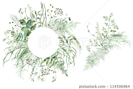 Frame and bouquet with Watercolor fragile stems and tiny green leaves wedding illustration 114506964