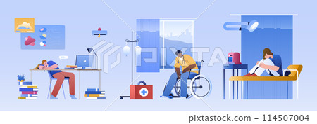 Flat tired doctor team in stress, overworked exhausted healthcare workers Flat tired doctor team in stress, overworked exhausted healthcare workers 114507004
