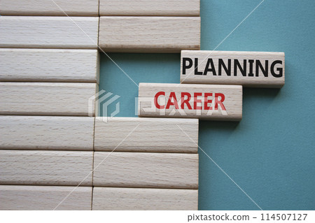Planning Career symbol. Wooden blocks with words Planning Career. Beautiful grey green background. Business and Planning Career concept. Copy space. 114507127