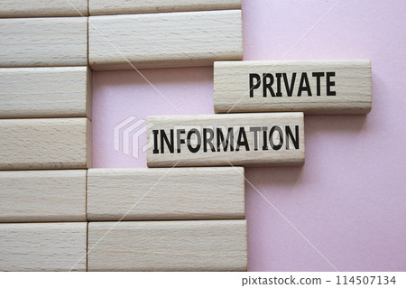 Private Information symbol. Wooden blocks with words Private Information. Beautiful pink background. Business and Private Information concept. Copy space. 114507134