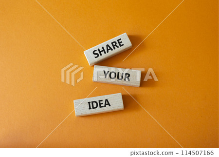 Share your Idea symbol. Concept words Share your Idea on wooden blocks. Beautiful orange background. Business and Share your Idea concept. Copy space. Share your Idea symbol. Concept words Share your Idea on wooden blocks. Beautiful orange background. Business and Share your Idea concept. Copy space. 114507166