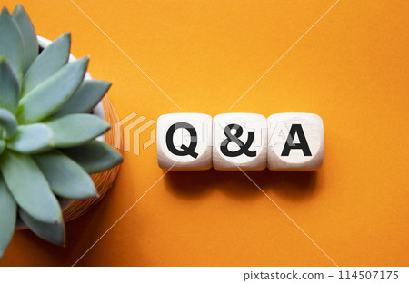 Q and A - Question and Answer. Wooden cubes with words Q and A. Beautiful orange background with succulent plant. Business and Q and A concept. Copy space. Q and A - Question and Answer. Wooden cubes with words Q and A. Beautiful orange background with succulent plant. Business and Q and A concept. Copy space. 114507175