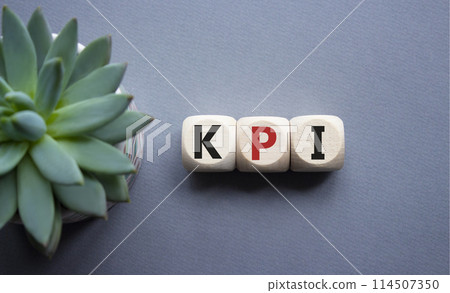 KPI- Key Performance Indicator. Wooden cubes with word KPI. Beautiful grey background with succulent plant. Business and Key Performance Indicator concept. Copy space. 114507350