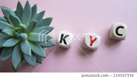 KYC - Know Your Customer. Wooden cubes with word KYC. Beautiful pink background with succulent plant. Business and Know Your Customer concept. Copy space. KYC - Know Your Customer. Wooden cubes with word KYC. Beautiful pink background with succulent plant. Business and Know Your Customer concept. Copy space. 114507356