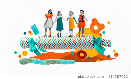Monochrome image of happy girls, children standing on giant candy on white background with colorful elements. Contemporary art collage. Monochrome image of happy girls, children standing on giant candy on white background with colorful elements. Contemporary art collage. 114507412