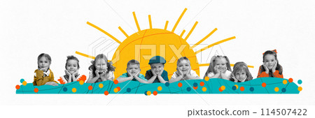 Eight diverse children in a line with large yellow sun element behind. Happiness and friendship. Contemporary art collage. 114507422