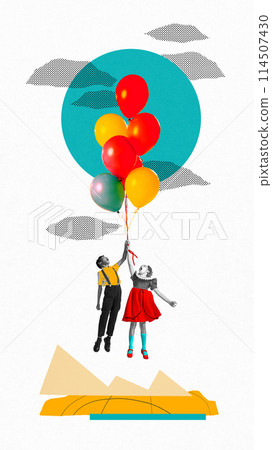 Monochrome image of little boy and girl flying with colorful air balloons against abstract background. Fairytale and imagination. Contemporary art collage. 114507430