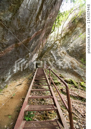 千遊窪峽（愛知縣新城市） 山道上設置的鐵梯（樓梯） 114507448