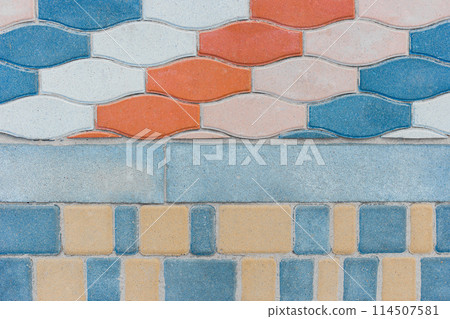 Two Kinds Paving Colored Tiles Dividing Border Curb Mosaic Stone Street Road City Texture Background Colorful Top View 114507581
