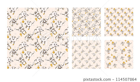 Football retro cartoon seamless patterns set . Soccer ball endless backgrounds collection. Groovy mascot repeat cover. Sport championship loop ornament. Vector illustration. Football retro cartoon seamless patterns set . Soccer ball endless backgrounds collection. Groovy mascot repeat cover. Sport championship loop ornament. Vector illustration. 114507864