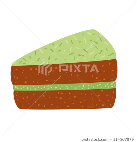 Slice of pistachios cake. Sweet bakery piece. Pastry dessert with cream. Vector pie flat illustration isolated on white background 114507879