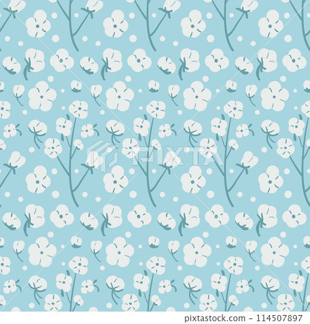 Cotton branch with flowers and ripe bolls seamless pattern. Organic plan endless background. Soft fabric symbols grow loop ornament tile. Vector monochrome blue hand drawn illustration 114507897