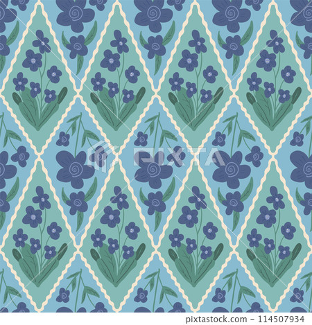 Retro flowers seamless pattern. Floral endless background on rhombus shapes. Wild flower geometric naive ornament tile. Vintage botanic repeat cover. Vector flat hand drawn illustration. 114507934