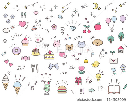 A vector illustration set of cute decorative illustrations. Concentrated lines, attention, arrows, flowers, sweets, gifts, hearts A vector illustration set of cute decorative illustrations. Concentrated lines, attention, arrows, flowers, sweets, gifts, hearts 114508009