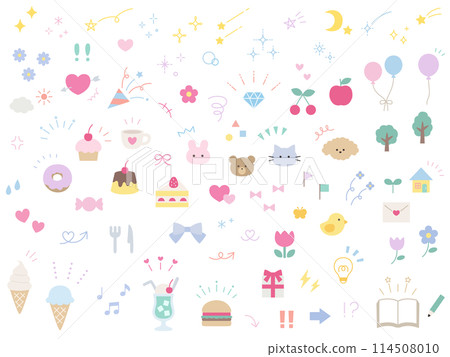 可愛的裝飾插圖的向量插圖集。集中線，注意力，箭頭，花，糖果，禮物，心 114508010