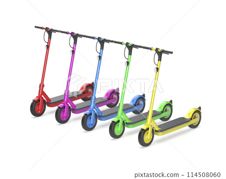 Row with five electric scooters with different colors 114508060