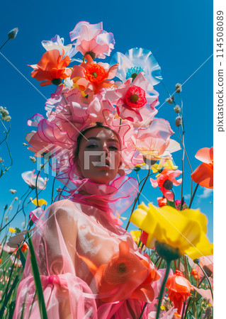 A woman is wearing a pink flowery headdress and standing in a field of flowers 114508089