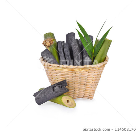 Charcoal and bamboo natural in basket bamboo on white background 114508170