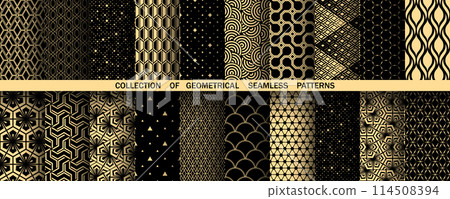 Geometric set of seamless black and golden patterns. Simple vector graphics Geometric set of seamless black and golden patterns. Simple vector graphics 114508394