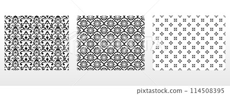 Geometric floral set of seamless patterns. White and black vector backgrounds. Damask graphic ornaments. Geometric floral set of seamless patterns. White and black vector backgrounds. Damask graphic ornaments. 114508395