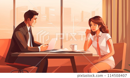 Interviewer and candidate discussing experience for employment consideration, AI Generated Interviewer and candidate discussing experience for employment consideration, AI Generated 114508407