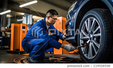 A mechanic kneels while changing a tire on a car A mechanic kneels while changing a tire on a car 114508506