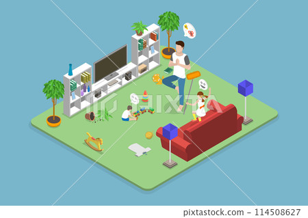 3D Isometric Flat Vector Illustration of Calm Father, Dad in Chaos 114508627