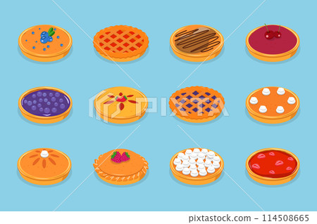 3D Isometric Flat Vector Set of Homemade Pies, Home Bakery and Pastry 114508665
