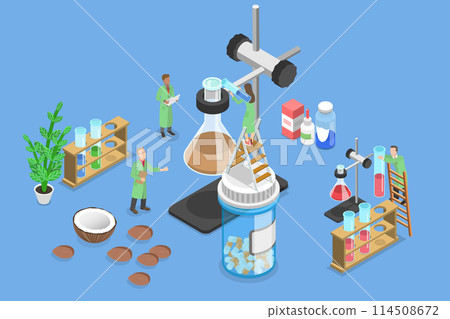 3D Isometric Flat Vector Illustration of Cosmetology and Chemistry, Production of Essential Aromatic Oil and Flower Water 114508672