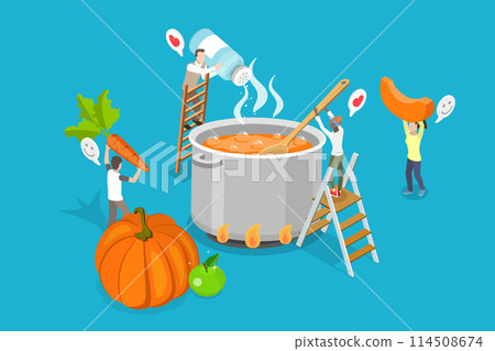 3D Isometric Flat Vector Illustration of Pampkin Soup, Autumn Mood 3D Isometric Flat Vector Illustration of Pampkin Soup, Autumn Mood 114508674