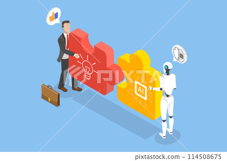 3D Isometric Flat Vector Illustration of Human and AI Working Together, Artificial Intelligence Collaboration 114508675