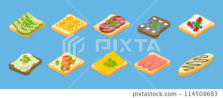 3D Isometric Flat Vector Illustration of Tasty Breakfast, Healthy Toasts Set 114508683