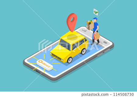 3D Isometric Flat Vector Illustration of Food Delivery, Order Groceries Online 3D Isometric Flat Vector Illustration of Food Delivery, Order Groceries Online 114508730